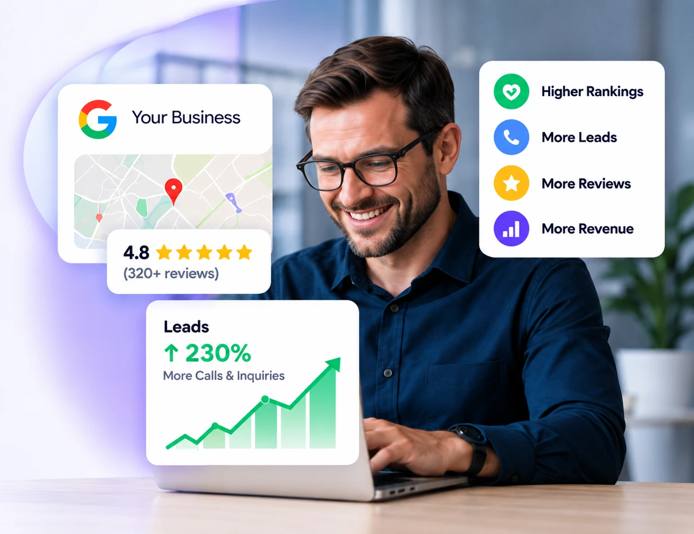 Business owner using a laptop with local search, reviews and lead growth graphics