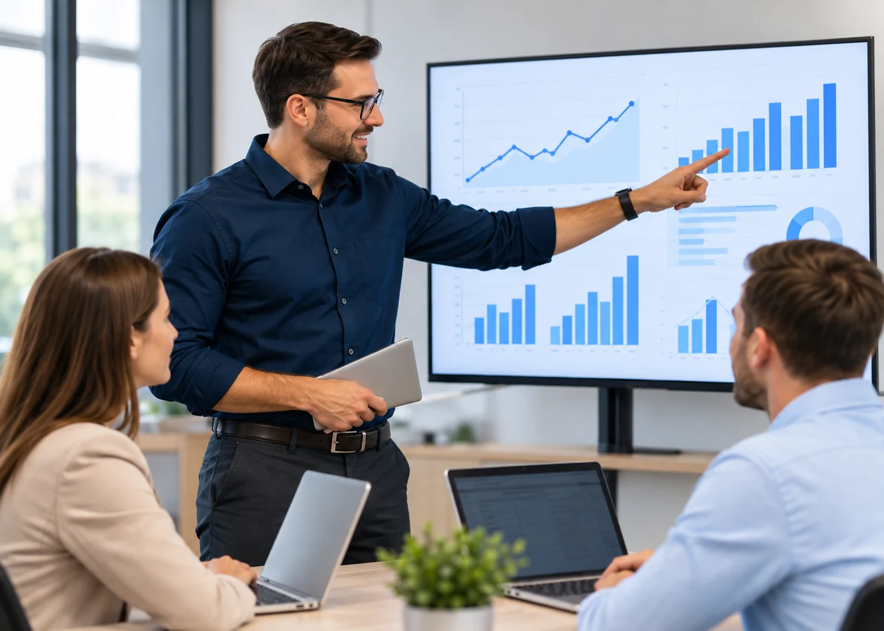 Marketing consultant presenting growth analytics to two business colleagues
