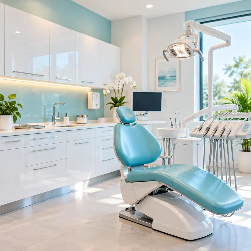 Modern dental clinic with a teal treatment chair