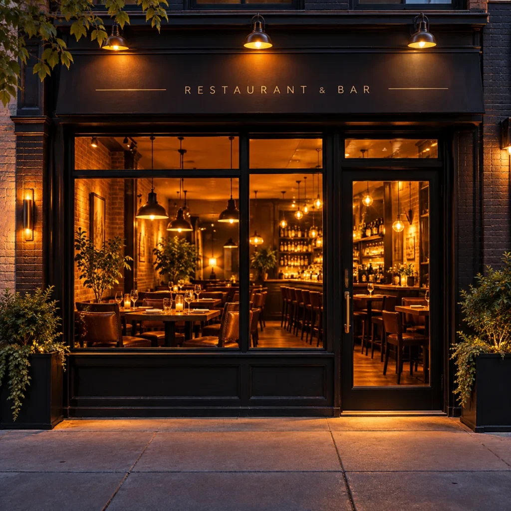 Warmly lit restaurant and bar storefront