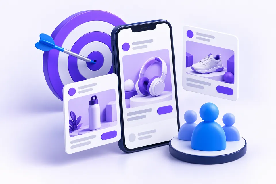 Illustration of targeted social advertising on a smartphone and creative cards