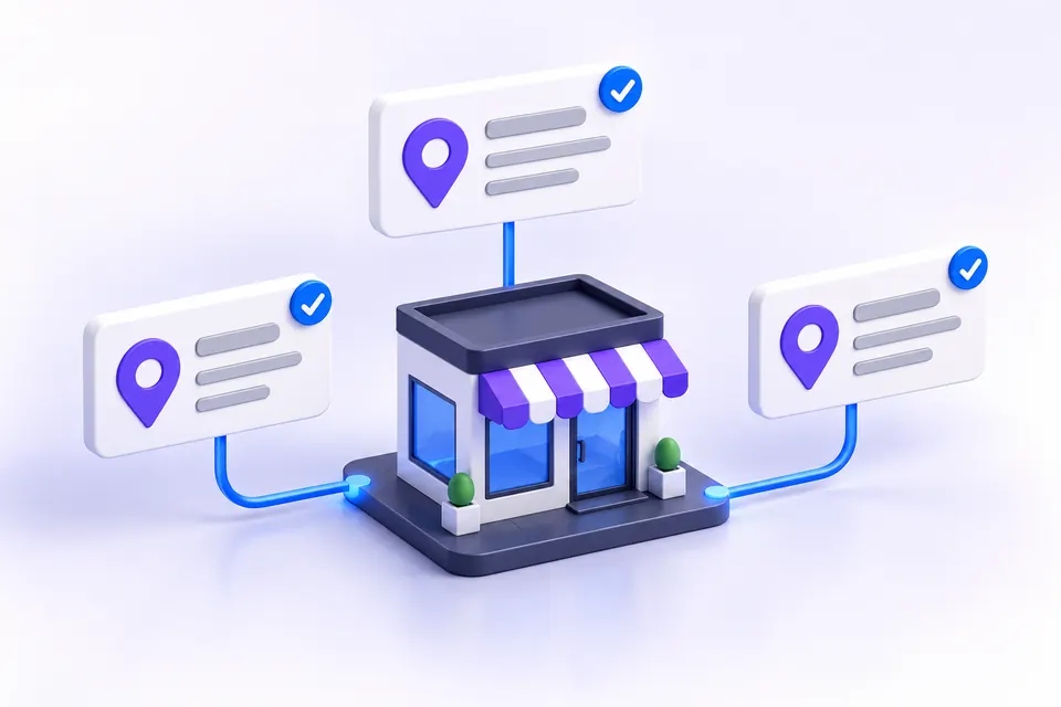 Illustration of consistent business listings connected to a local storefront