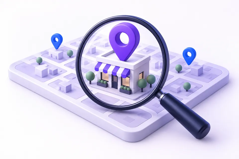 Illustration of a storefront highlighted by a magnifying glass and local map pins