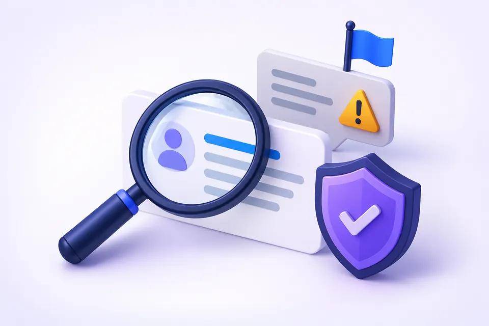 Illustration of a flagged review being assessed with a magnifying glass and shield